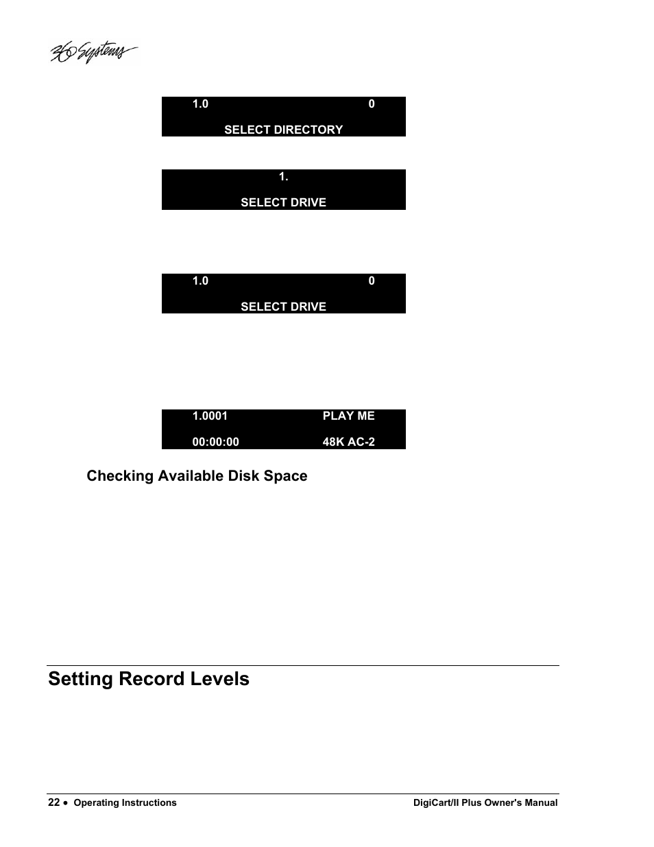 Setting record levels, Checking available disk space | 360 Systems DigiCart/II Plus User Manual | Page 34 / 109