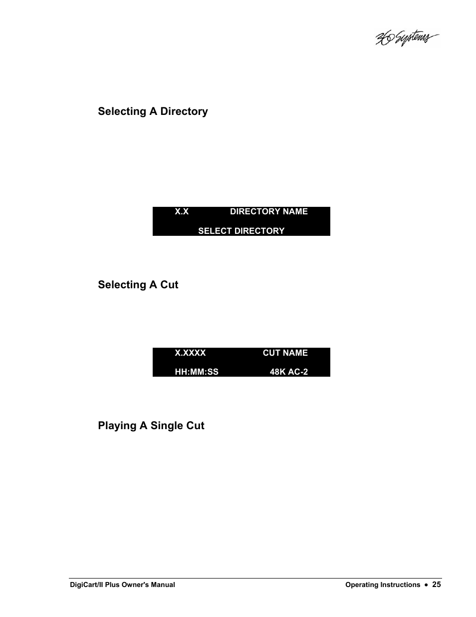 Selecting a directory, Selecting a cut, Playing a single cut | 360 Systems DigiCart/II Plus User Manual | Page 37 / 109