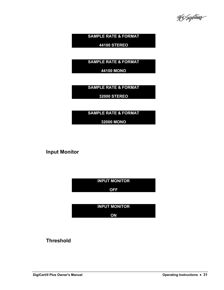 Input monitor, Threshold | 360 Systems DigiCart/II Plus User Manual | Page 43 / 109