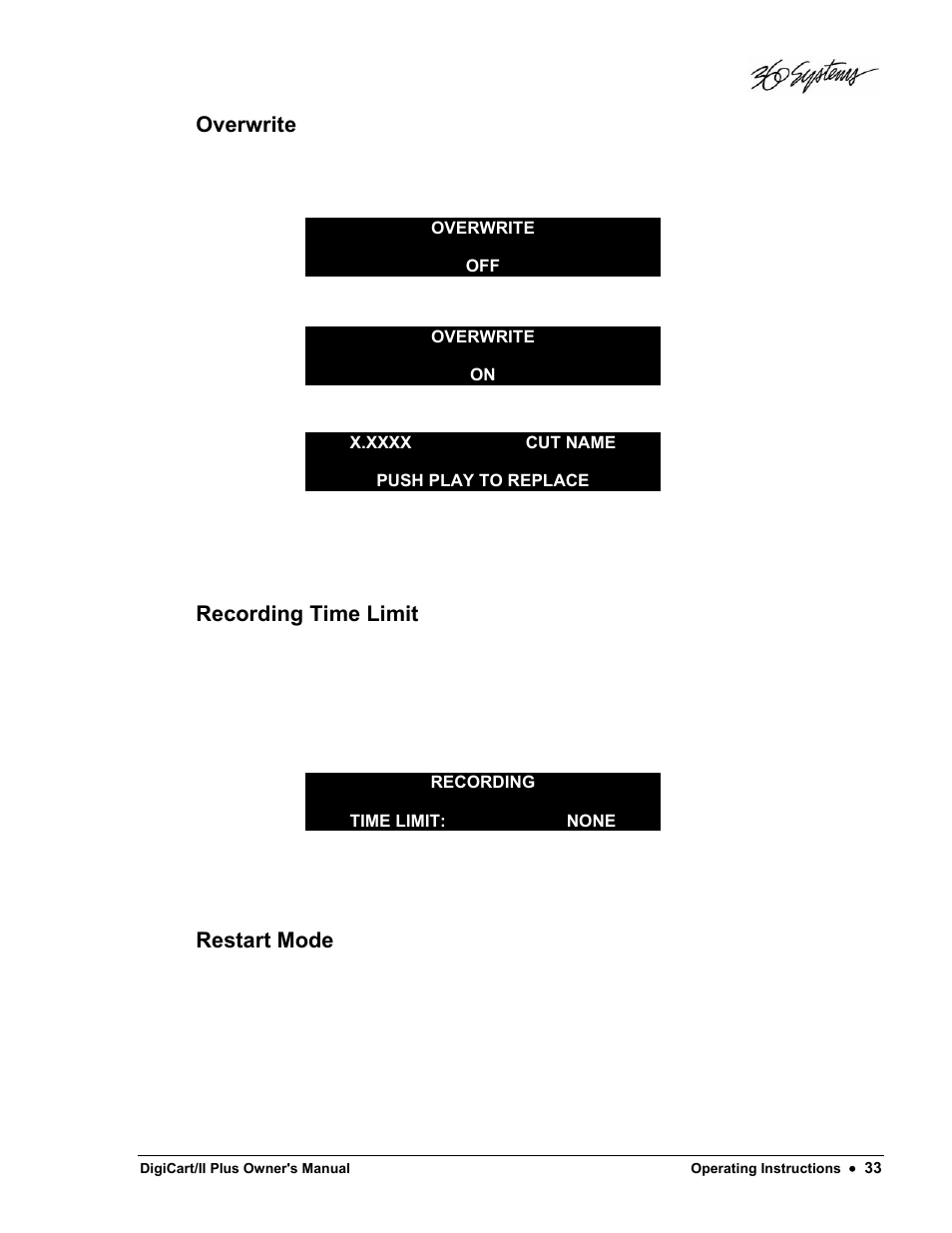 Overwrite, Recording time limit, Restart mode | 360 Systems DigiCart/II Plus User Manual | Page 45 / 109