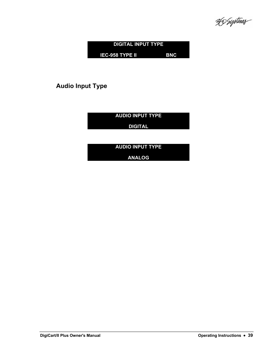 Audio input type | 360 Systems DigiCart/II Plus User Manual | Page 51 / 109