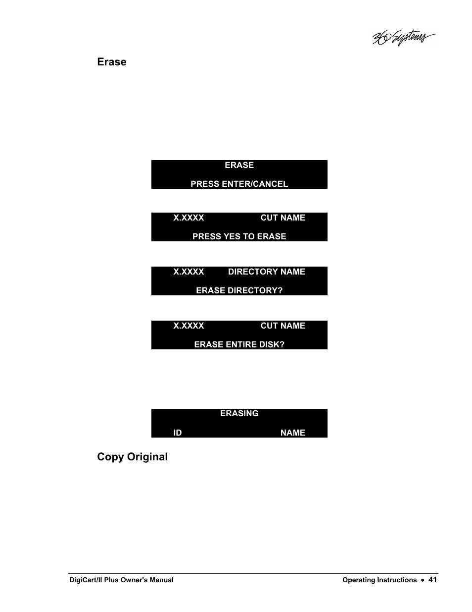 Erase, Copy original | 360 Systems DigiCart/II Plus User Manual | Page 53 / 109