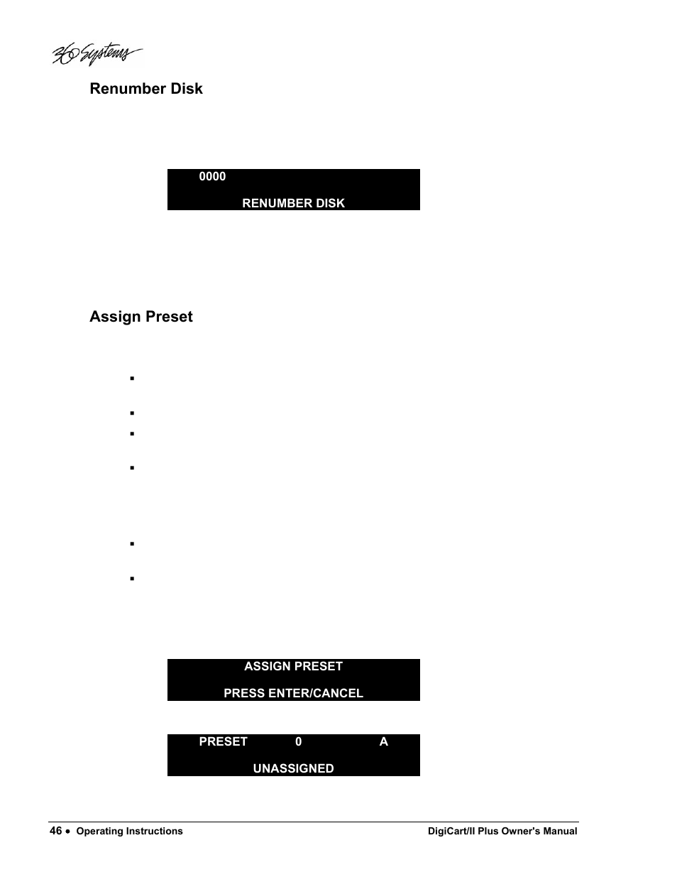 Renumber disk, Assign preset | 360 Systems DigiCart/II Plus User Manual | Page 58 / 109