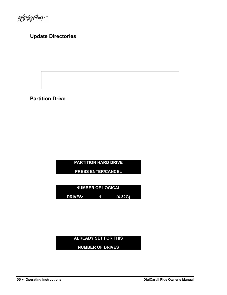 Update directories, Partition drive | 360 Systems DigiCart/II Plus User Manual | Page 62 / 109