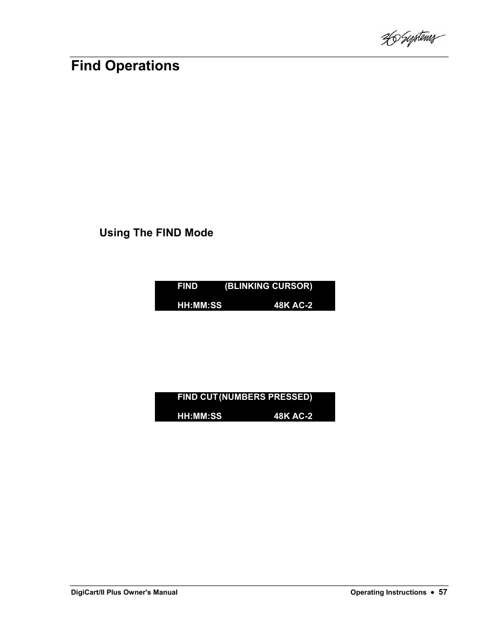Find operations, Using the find mode | 360 Systems DigiCart/II Plus User Manual | Page 69 / 109