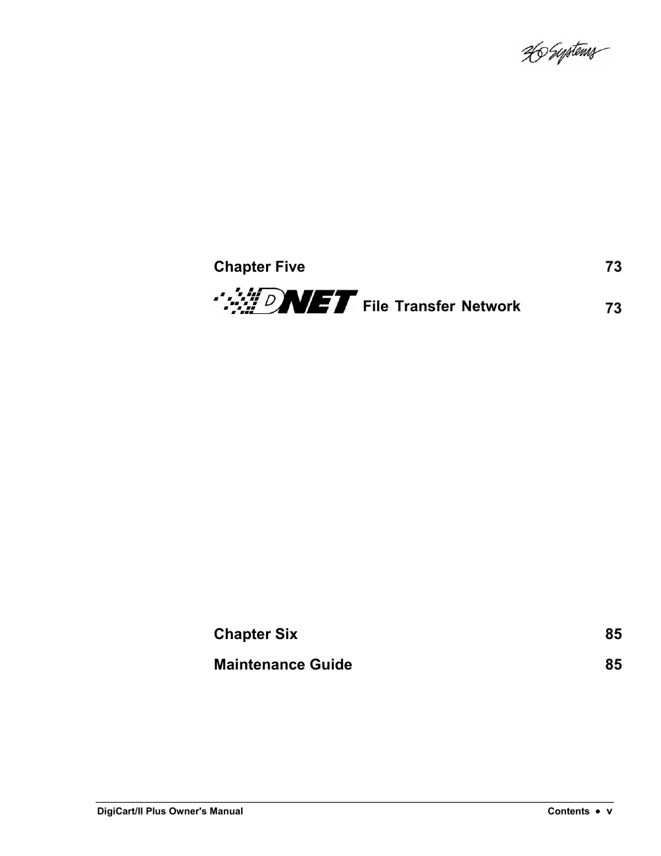 Chapter five 73, File, Transfer | Network 73, Chapter six 85, Maintenance guide 85 | 360 Systems DigiCart/II Plus User Manual | Page 7 / 109