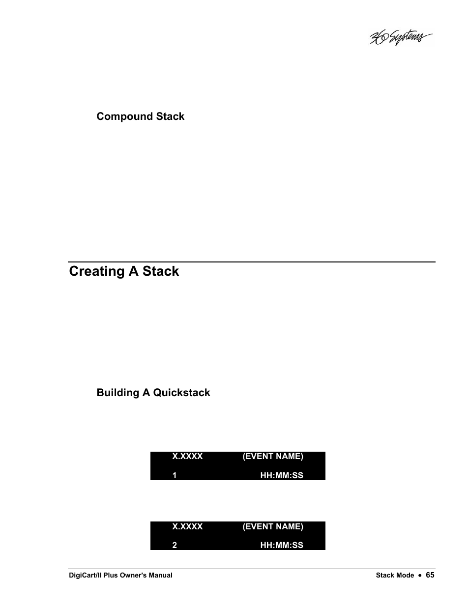 Creating a stack, Compound stack, Building a quickstack | 360 Systems DigiCart/II Plus User Manual | Page 77 / 109