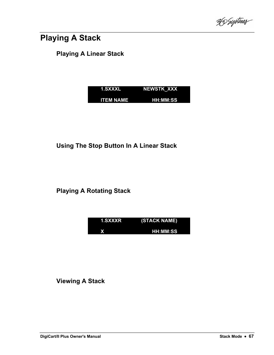 Playing a stack, Playing a linear stack, Using the stop button in a linear stack | Playing a rotating stack, Viewing a stack | 360 Systems DigiCart/II Plus User Manual | Page 79 / 109