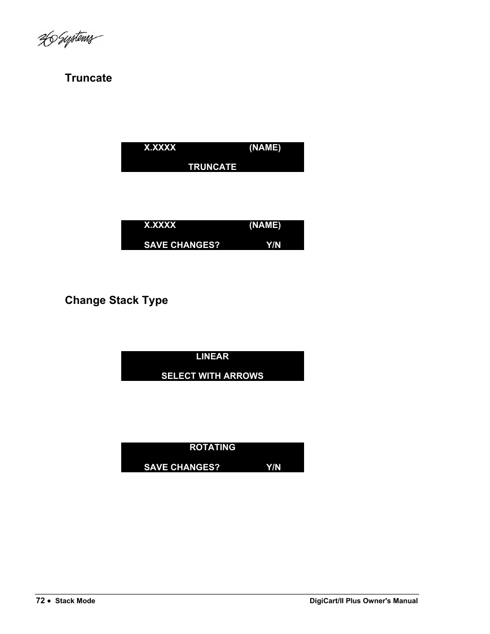 Truncate, Change stack type | 360 Systems DigiCart/II Plus User Manual | Page 84 / 109