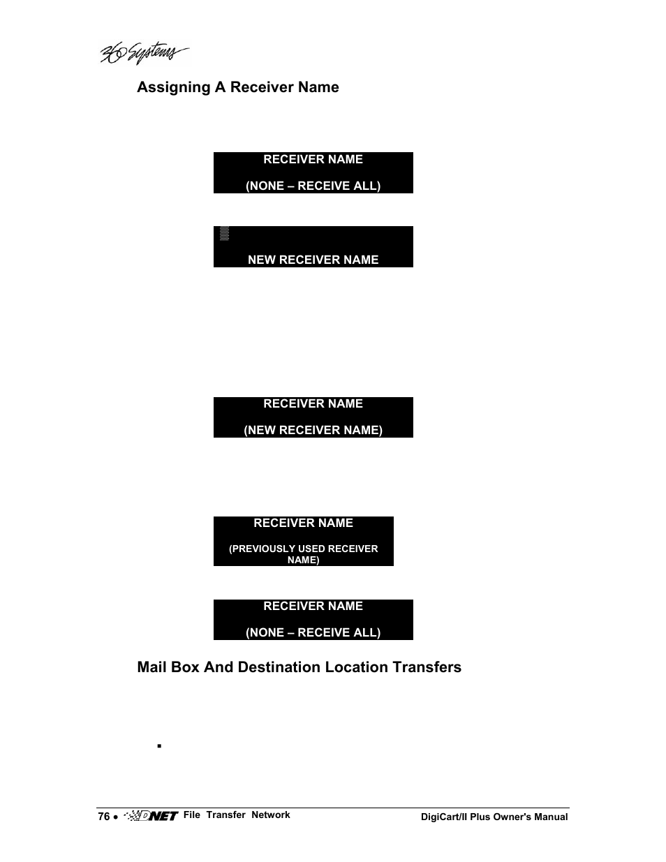 Assigning a receiver name, Mail box and destination location transfers | 360 Systems DigiCart/II Plus User Manual | Page 88 / 109