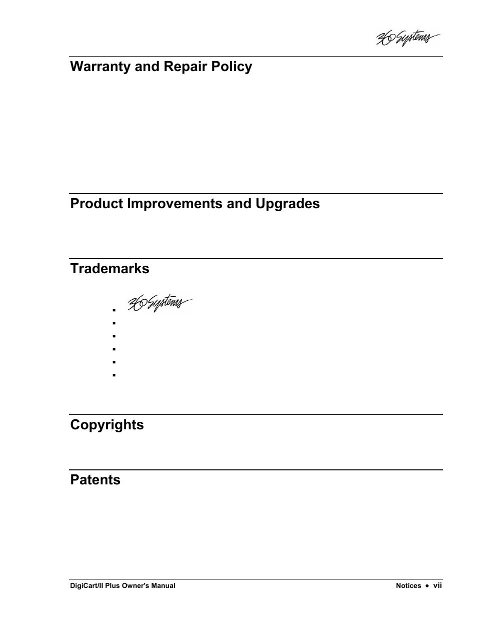 Warranty and repair policy, Product improvements and upgrades, Trademarks | Copyrights, Patents | 360 Systems DigiCart/II Plus User Manual | Page 9 / 109