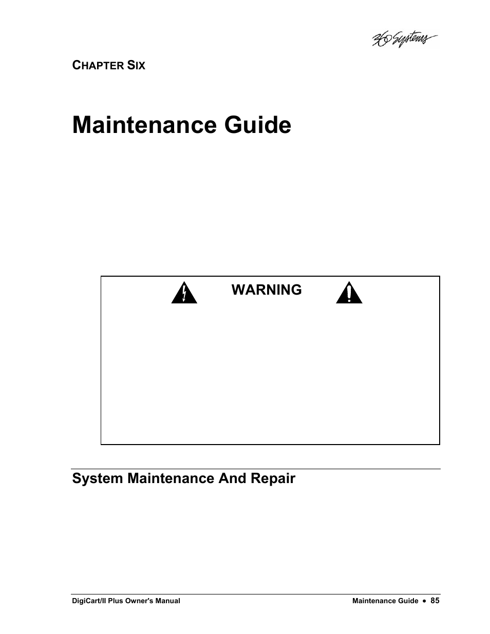 Maintenance guide, Warning, System maintenance and repair | 360 Systems DigiCart/II Plus User Manual | Page 97 / 109