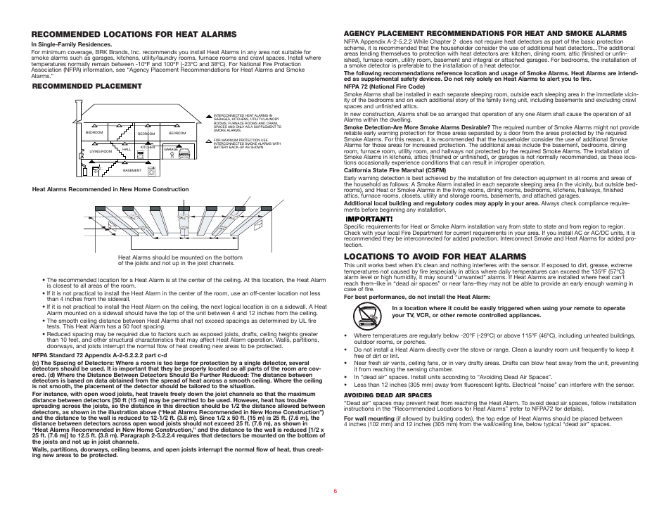 Recommended locations for heat alarms, Locations to avoid for heat alarms | BRK electronic HD6135FB User Manual | Page 6 / 7