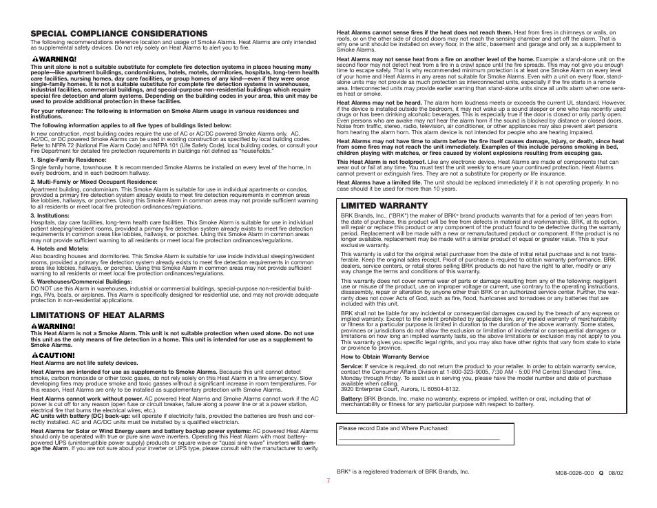 Limited warranty, Special compliance considerations, Limitations of heat alarms | BRK electronic HD6135FB User Manual | Page 7 / 7