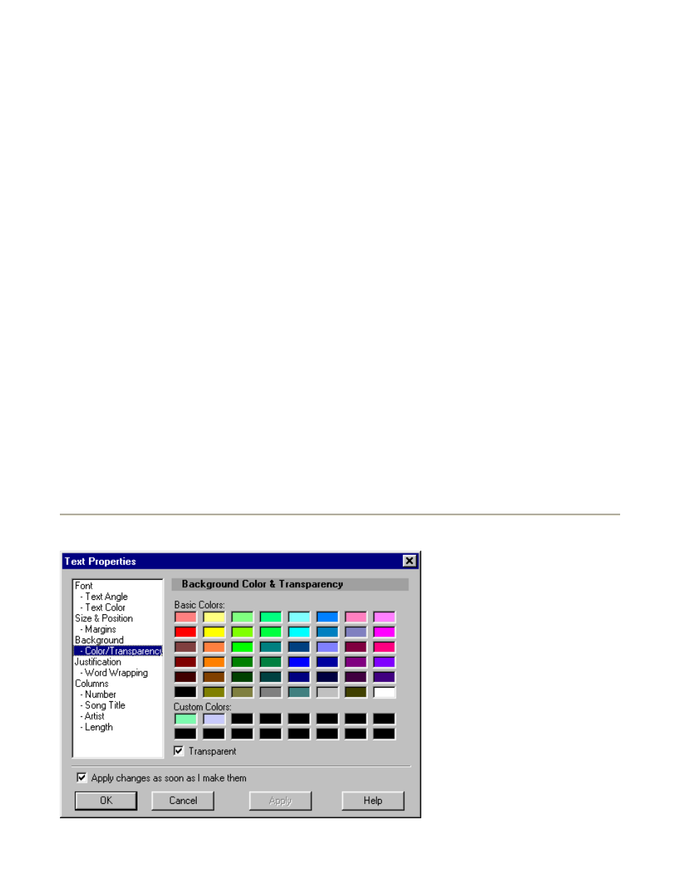 Text properties dialog "color/transparency" page | Acoustica CD/DVD Label Maker User Manual | Page 59 / 85