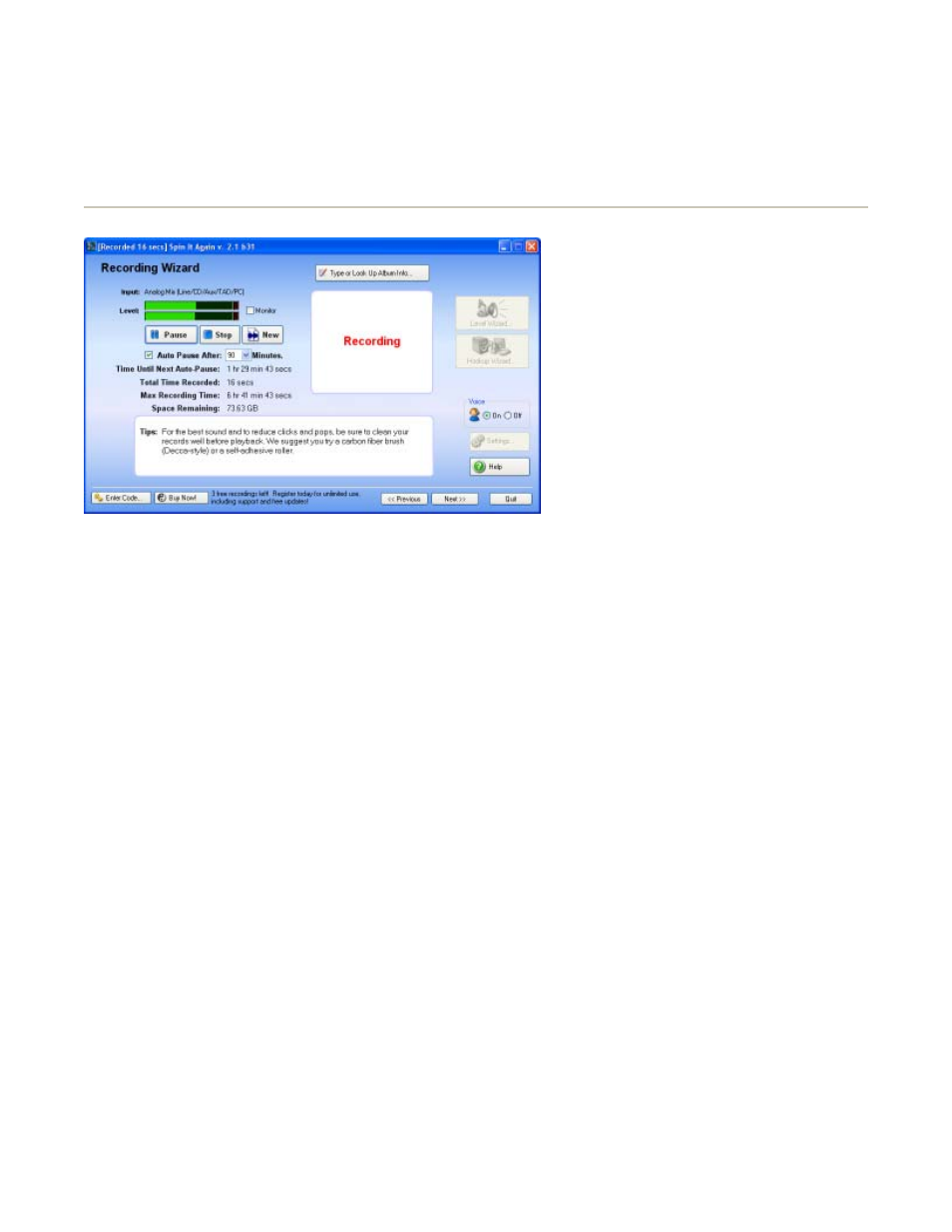 Recording screen | Acoustica Spin it Again User Manual | Page 18 / 39