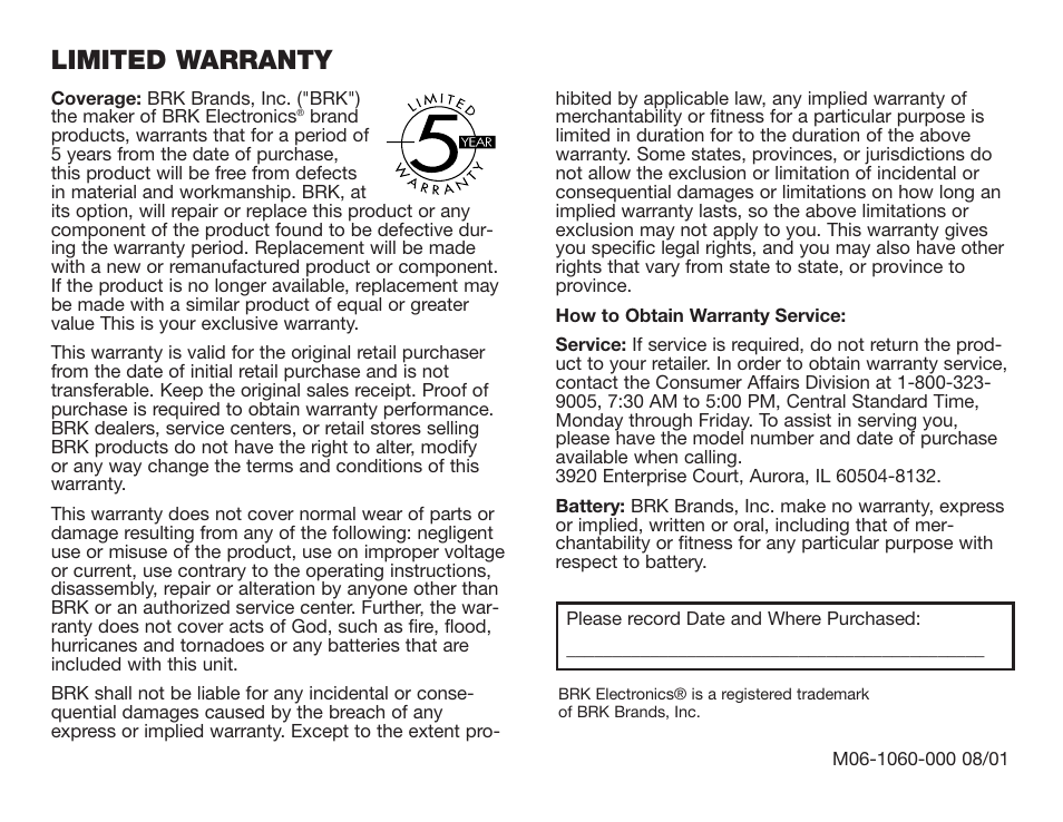 Limited warranty | BRK electronic CO5120PDB User Manual | Page 30 / 30