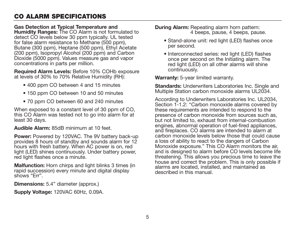 Co alarm specifications | BRK electronic CO5120PDB User Manual | Page 7 / 30