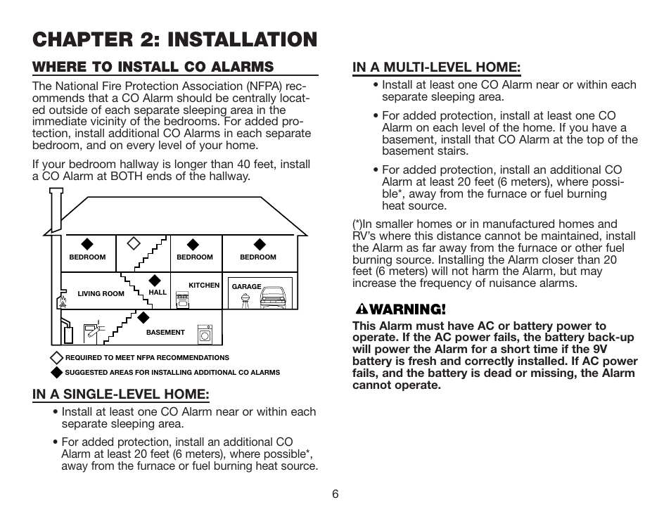 Chapter 2: installation, Where to install co alarms | BRK electronic CO5120PDB User Manual | Page 8 / 30