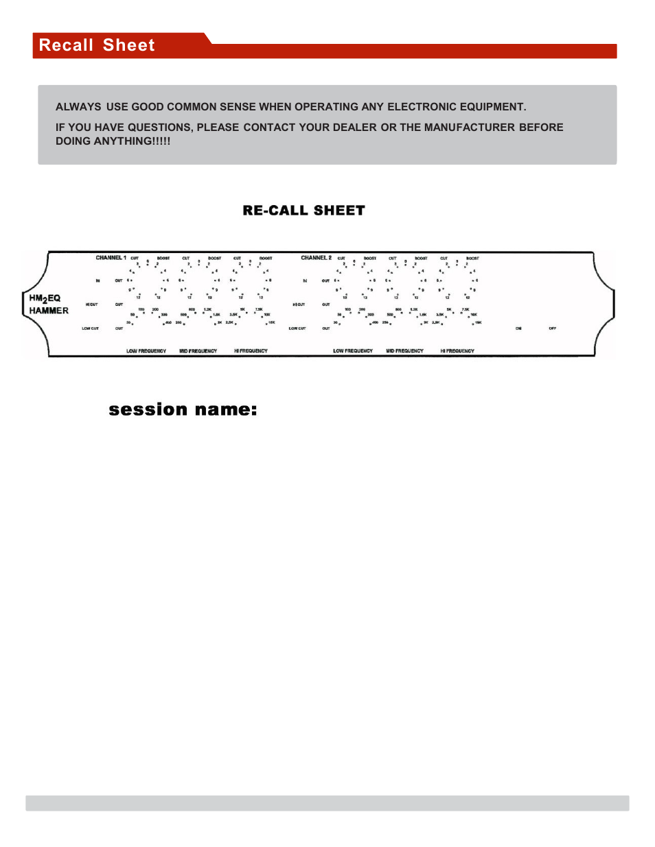 Recall sheet | A-Designs HAMMER User Manual | Page 11 / 12