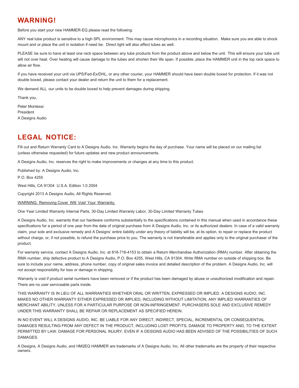 Warning, Legal notice | A-Designs HAMMER User Manual | Page 2 / 12