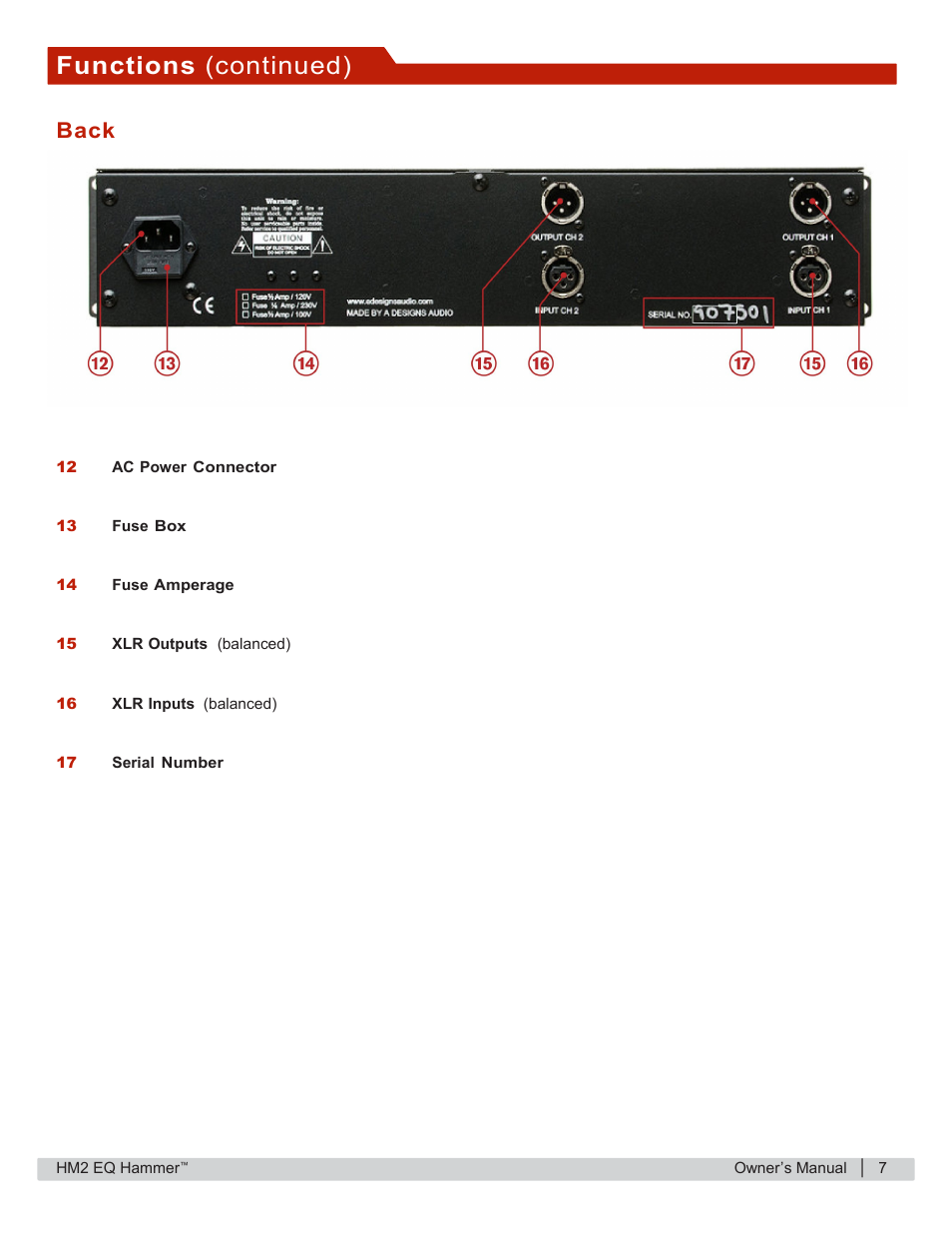 Functions (continued), Back | A-Designs HAMMER User Manual | Page 7 / 12