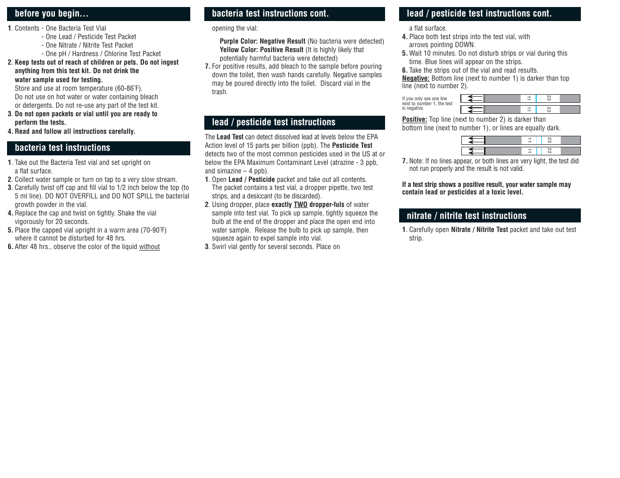 Before you begin, Bacteria test instructions cont, Bacteria test instructions | Lead / pesticide test instructions, Lead / pesticide test instructions cont, Nitrate / nitrite test instructions | BRK electronic Drinking Water Test Kit WT1 User Manual | Page 2 / 2