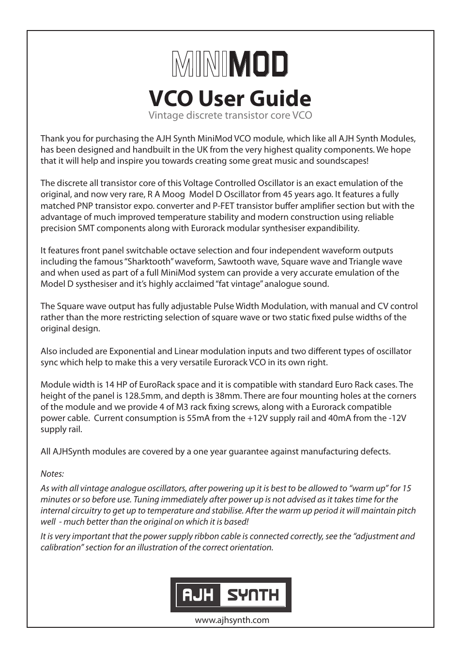 AJH Synth MiniMod VCO User Manual | 4 pages