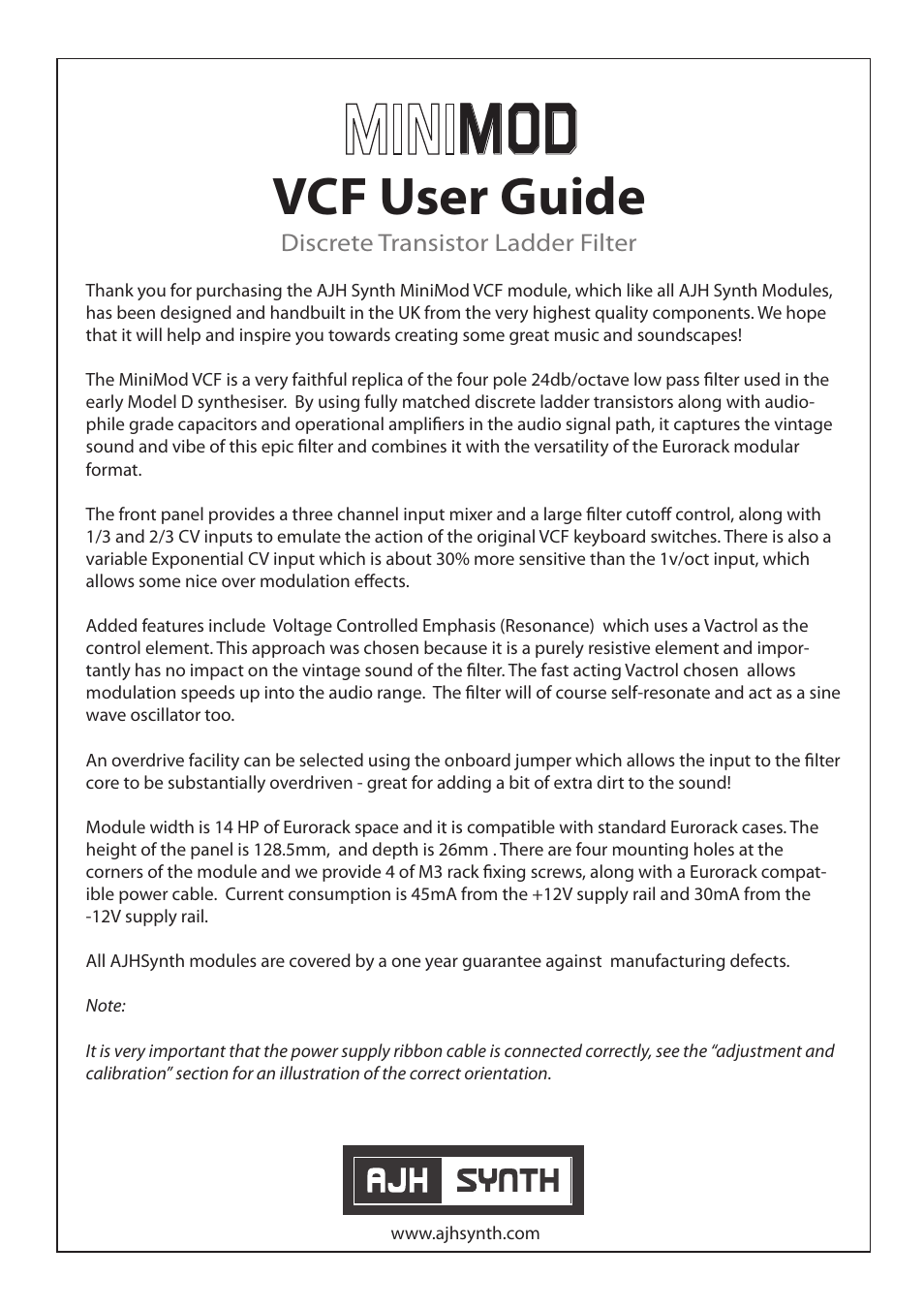 AJH Synth MiniMod VCF User Manual | 4 pages