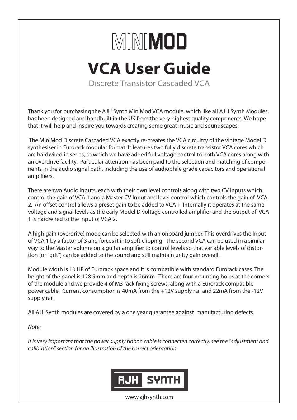 AJH Synth MiniMod VCA User Manual | 4 pages