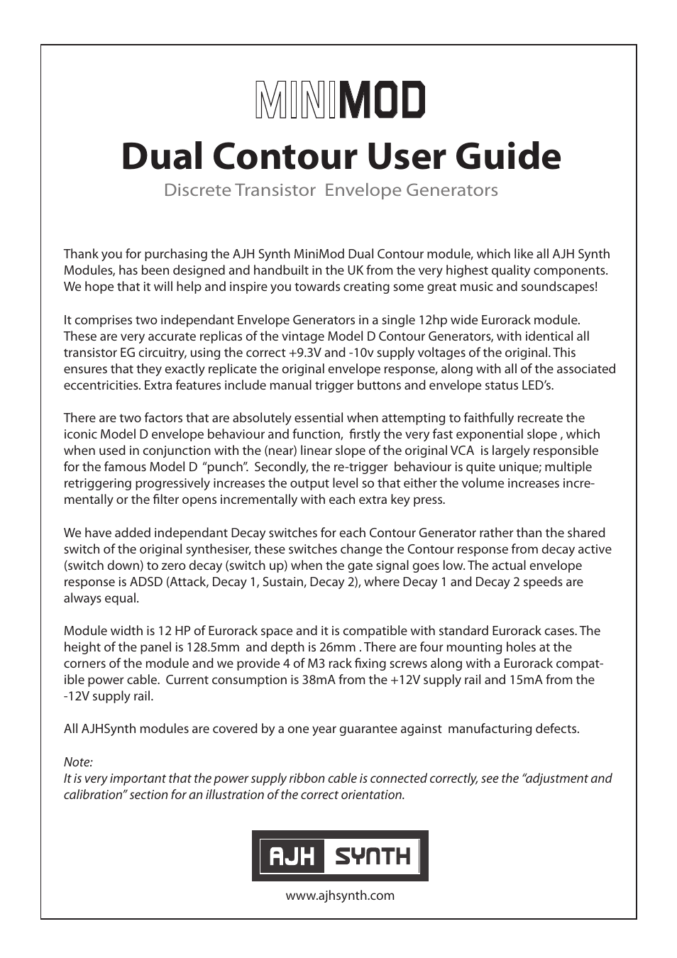 AJH Synth MiniMod Dual Contour User Manual | 4 pages