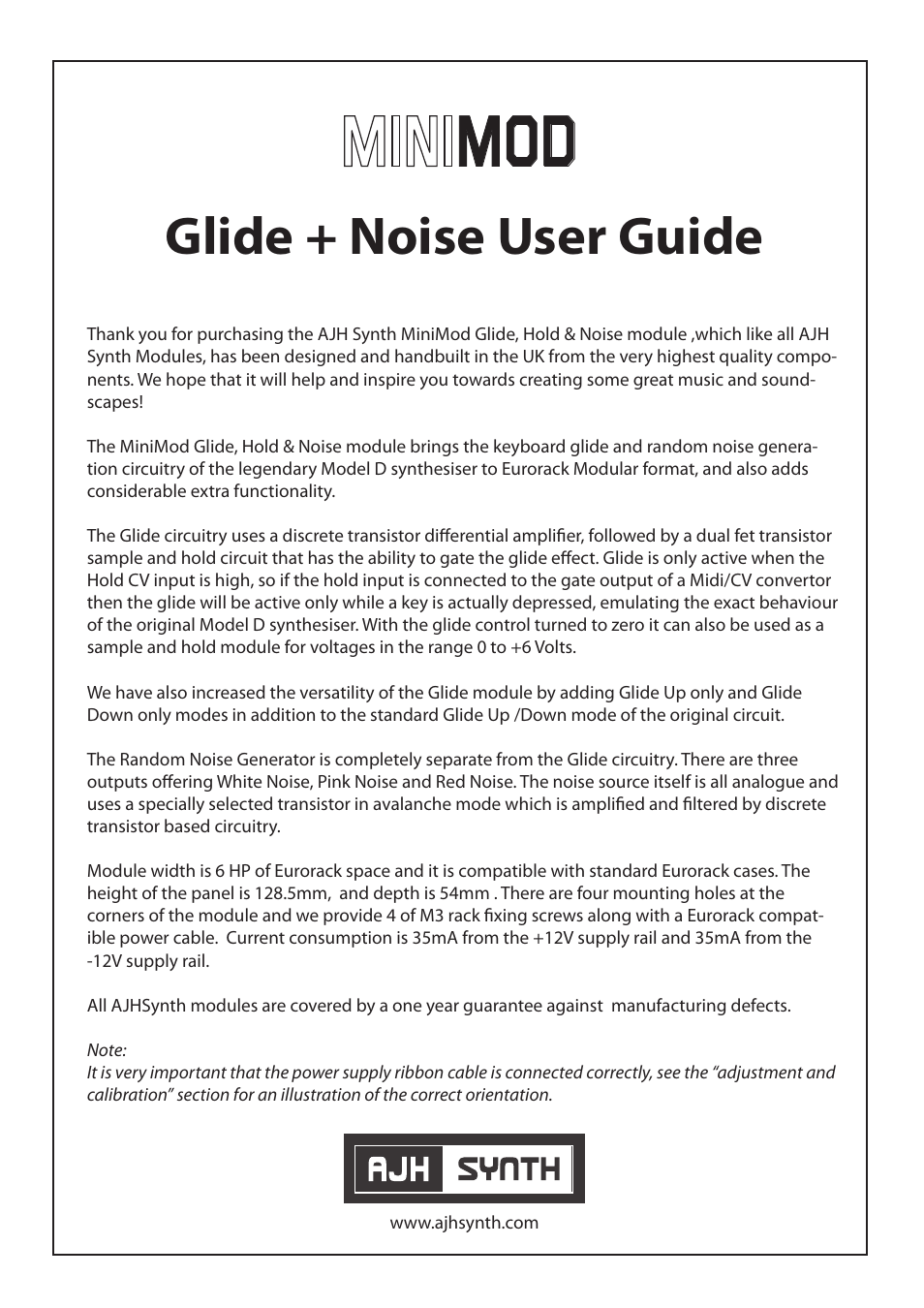AJH Synth MiniMod Glide & Noise User Manual | 4 pages