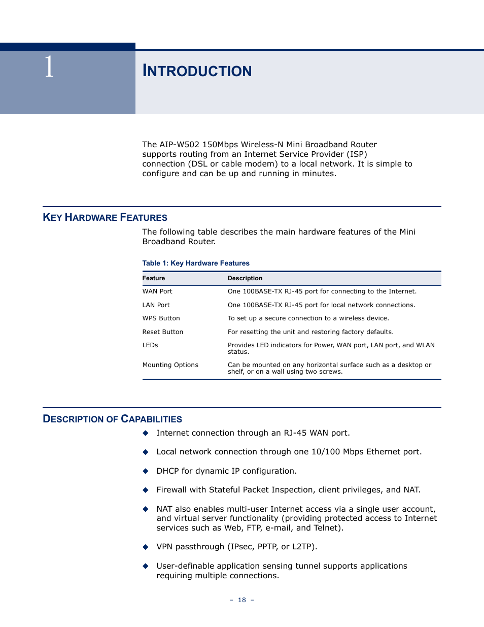 Introduction, Key hardware features, Description of capabilities | Ntroduction, Table 1: key hardware features | ALFA NETWORK AIP-W502 User Manual | Page 13 / 115