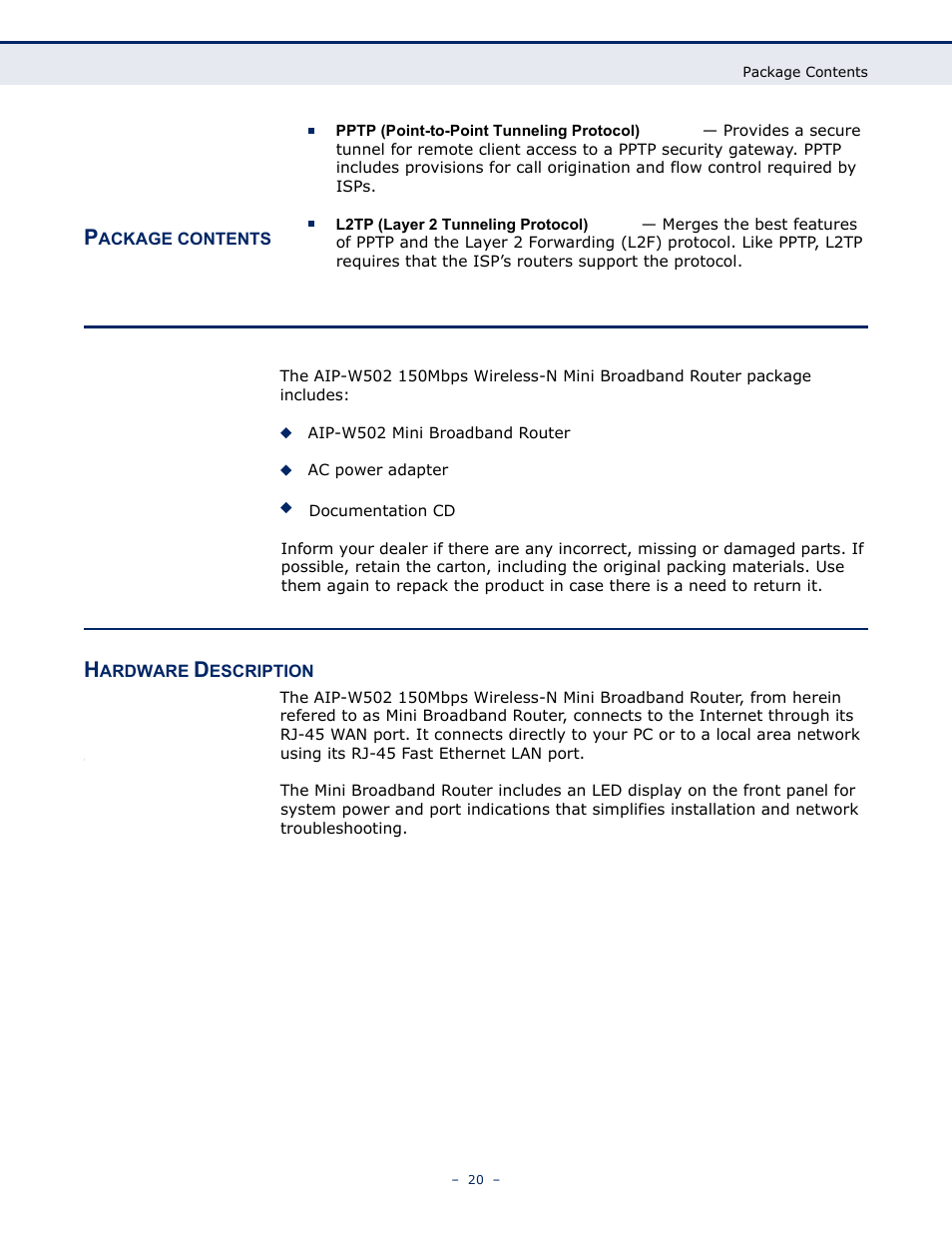 Package contents, Hardware description | ALFA NETWORK AIP-W502 User Manual | Page 15 / 115