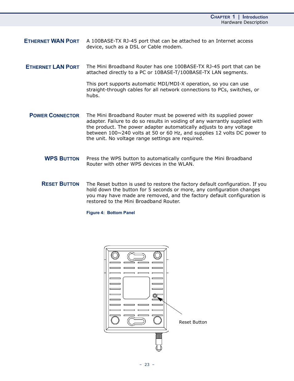 Ethernet wan port, Ethernet lan port, Power connector | Wps button, Reset button, Figure 4: bottom panel | ALFA NETWORK AIP-W502 User Manual | Page 18 / 115