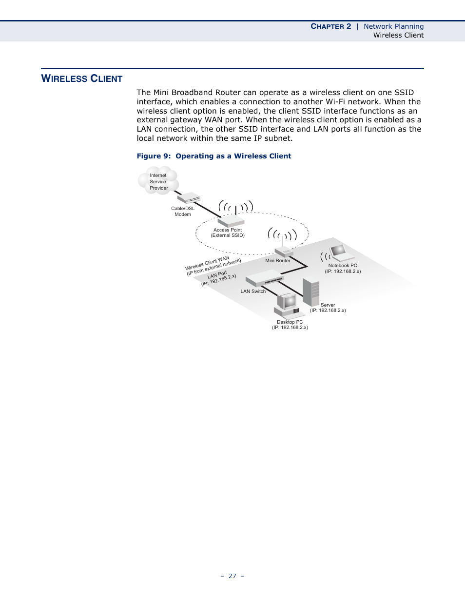 Wireless client, Figure 9: operating as a wireless client, Ireless | Lient | ALFA NETWORK AIP-W502 User Manual | Page 22 / 115