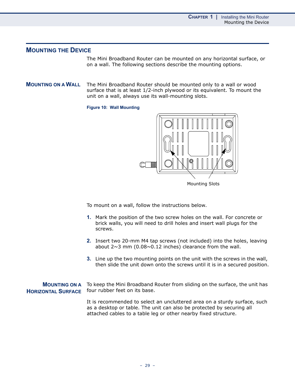 Mounting the device, Mounting on a wall, Mounting on a horizontal surface | Figure 10: wall mounting | ALFA NETWORK AIP-W502 User Manual | Page 24 / 115