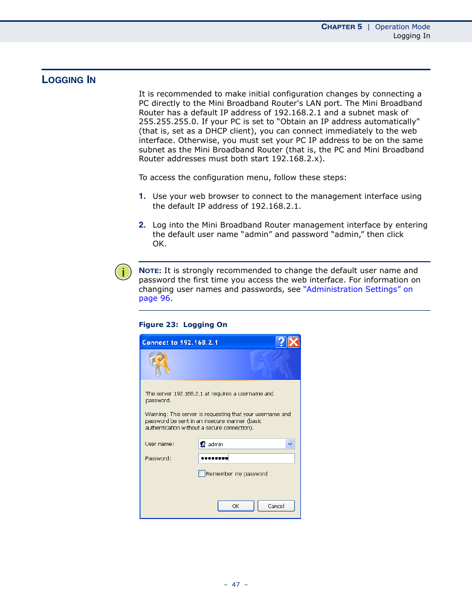 Logging in, Figure 23: logging on | ALFA NETWORK AIP-W502 User Manual | Page 42 / 115