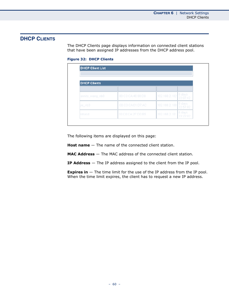 Dhcp clients, Figure 32: dhcp clients, Dhcp c | ALFA NETWORK AIP-W502 User Manual | Page 55 / 115