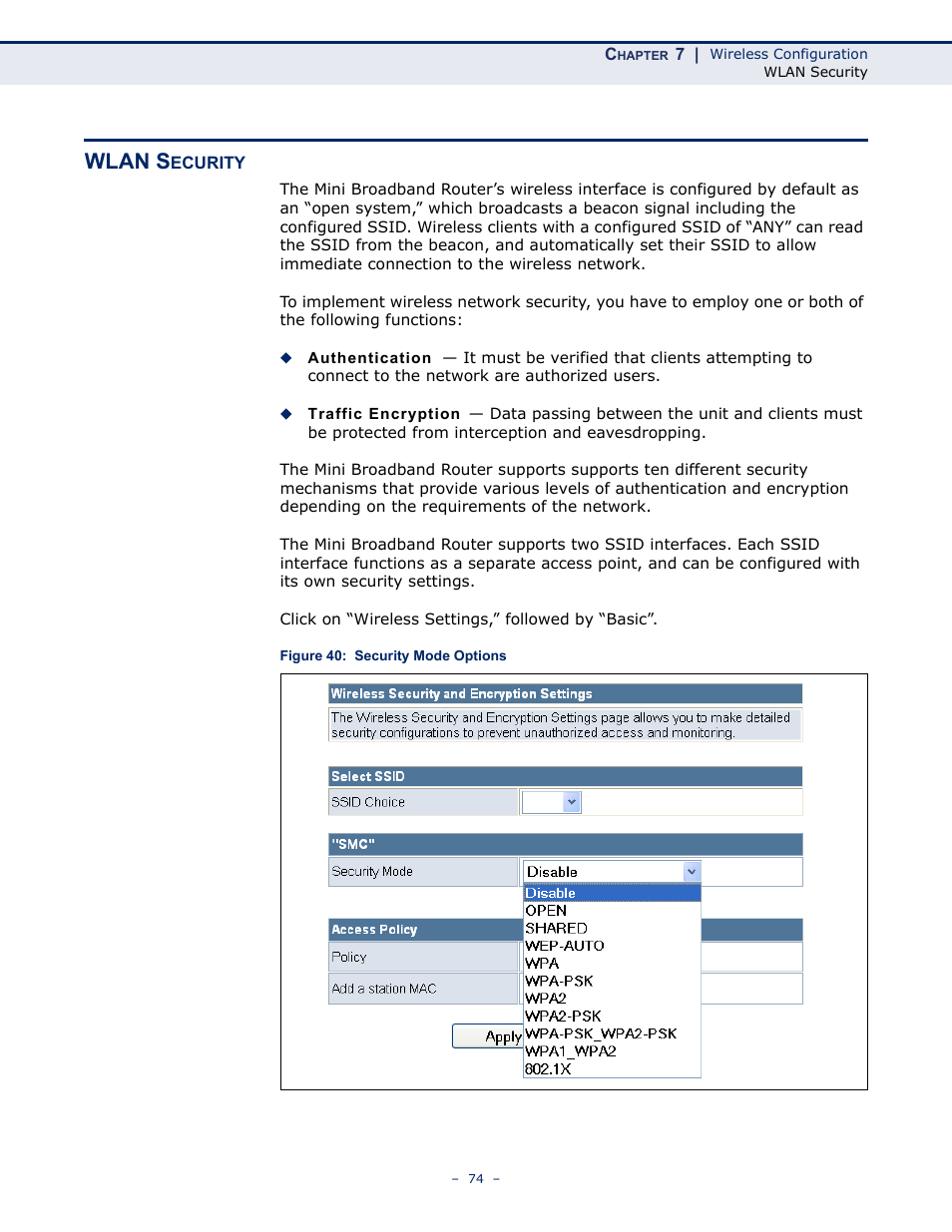 Wlan security, Figure 40: security mode options, Wlan s | ALFA NETWORK AIP-W502 User Manual | Page 69 / 115