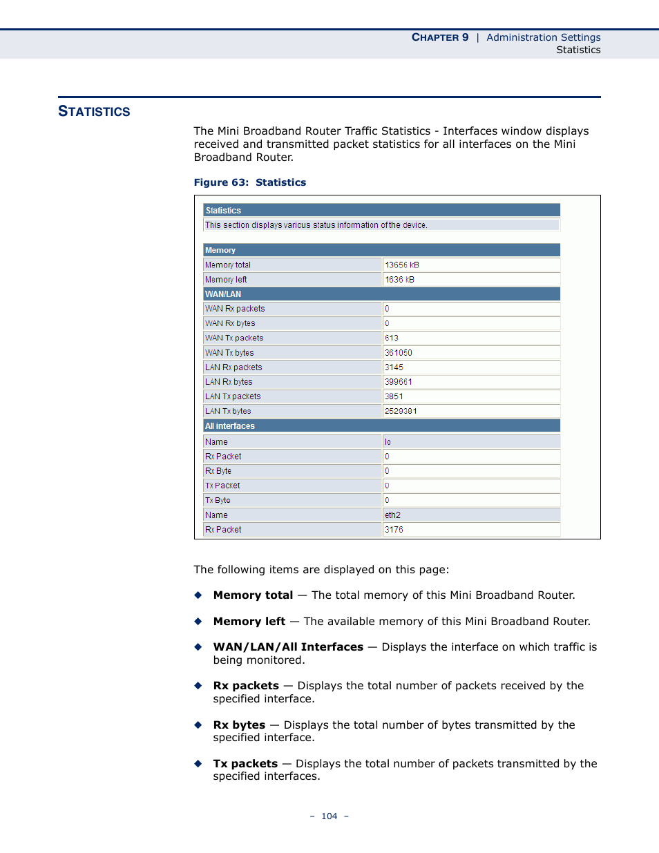 Statistics, Statistics 104, Figure 63: statistics | ALFA NETWORK AIP-W502 User Manual | Page 99 / 115