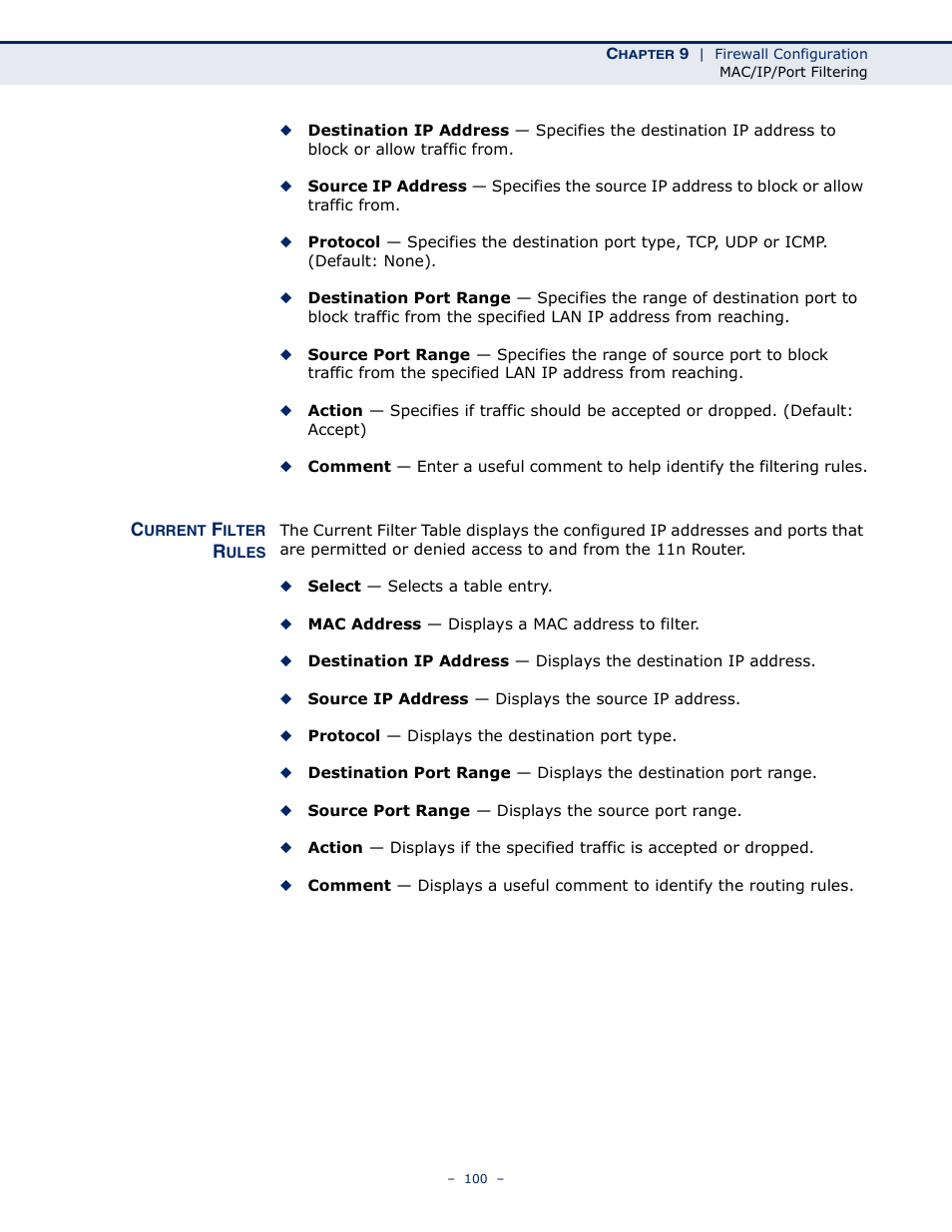 Current filter rules | ALFA NETWORK AIP-W505 User Manual | Page 100 / 135