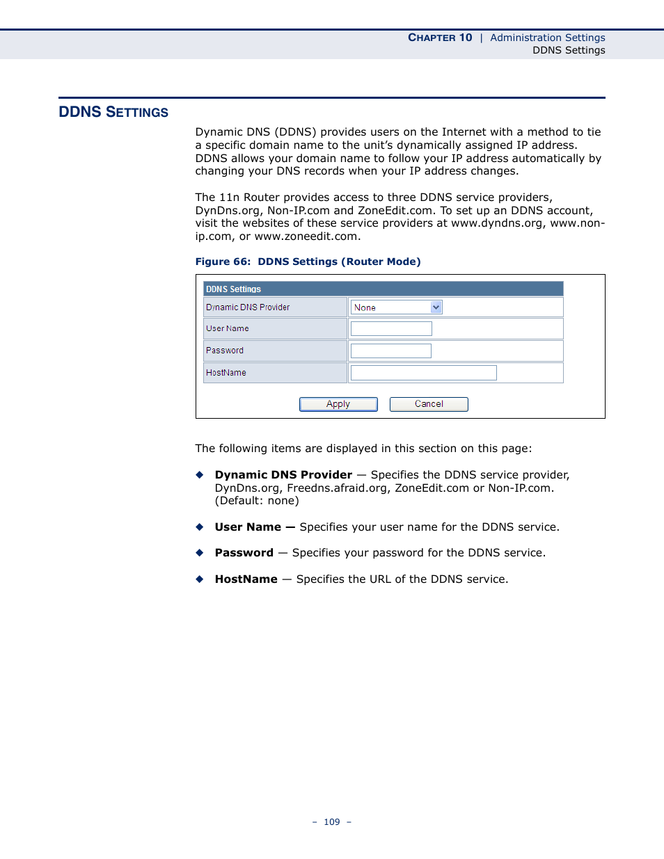 Ddns settings, Figure 66: ddns settings (router mode), Ddns s | ALFA NETWORK AIP-W505 User Manual | Page 109 / 135