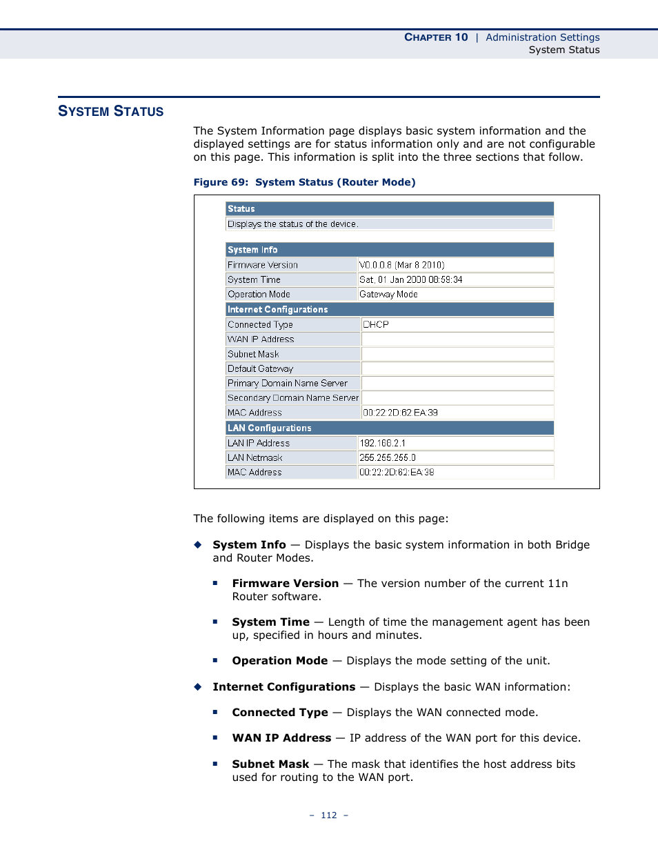 System status, Figure 69: system status (router mode) | ALFA NETWORK AIP-W505 User Manual | Page 112 / 135