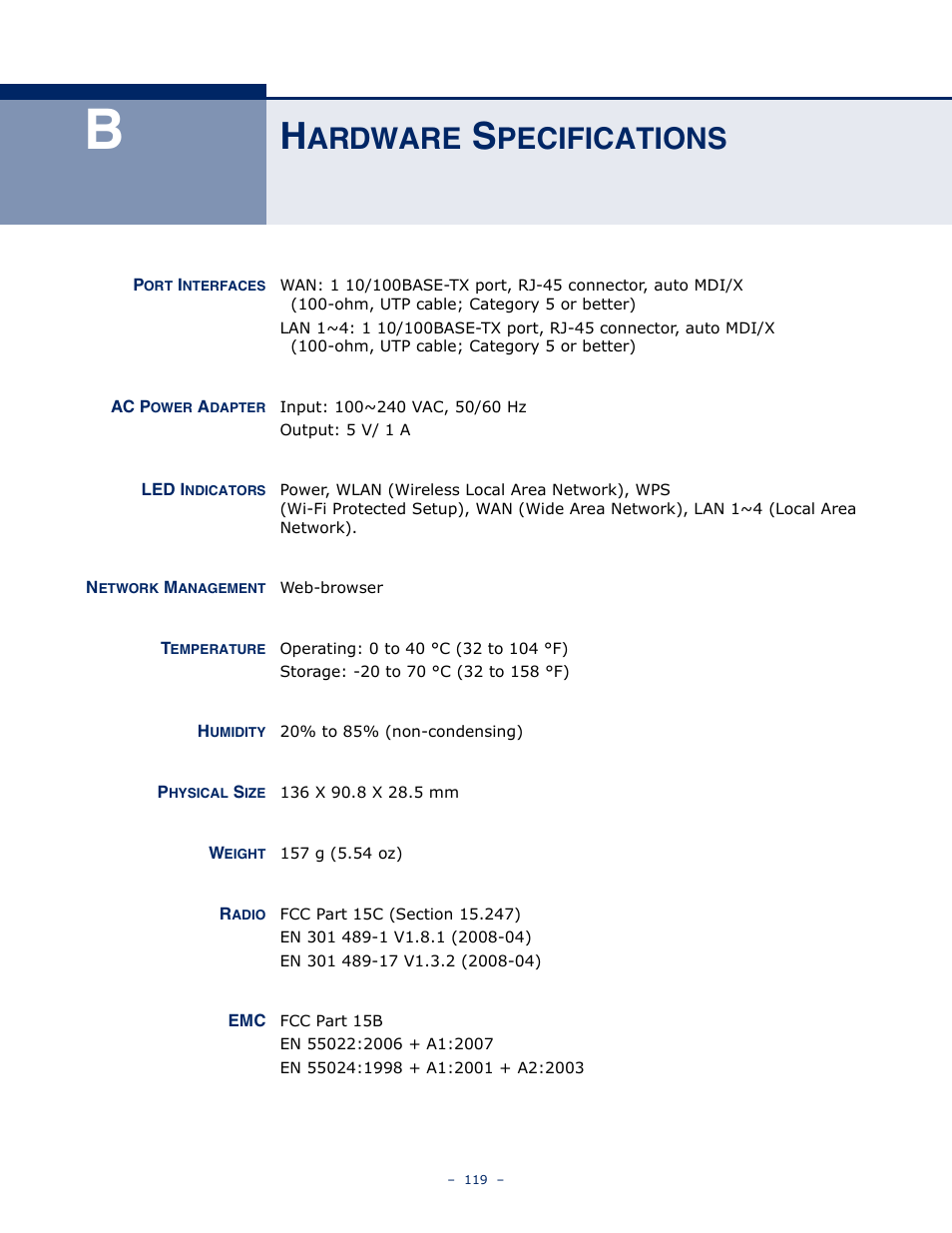 Hardware specifications, Ardware, Pecifications | ALFA NETWORK AIP-W505 User Manual | Page 119 / 135