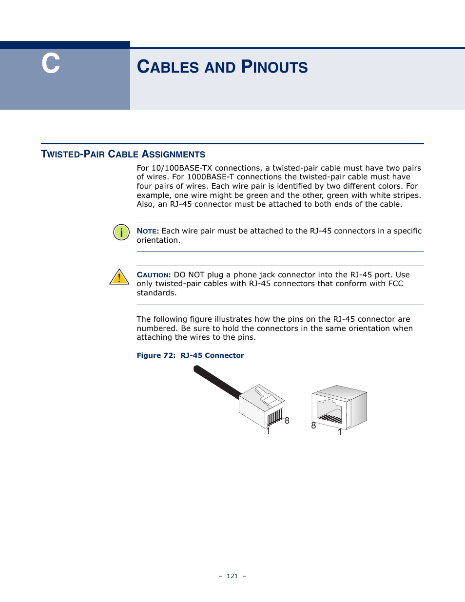 Cables and pinouts, Twisted-pair cable assignments, Ables | Inouts, Figure 72: rj-45 connector | ALFA NETWORK AIP-W505 User Manual | Page 121 / 135