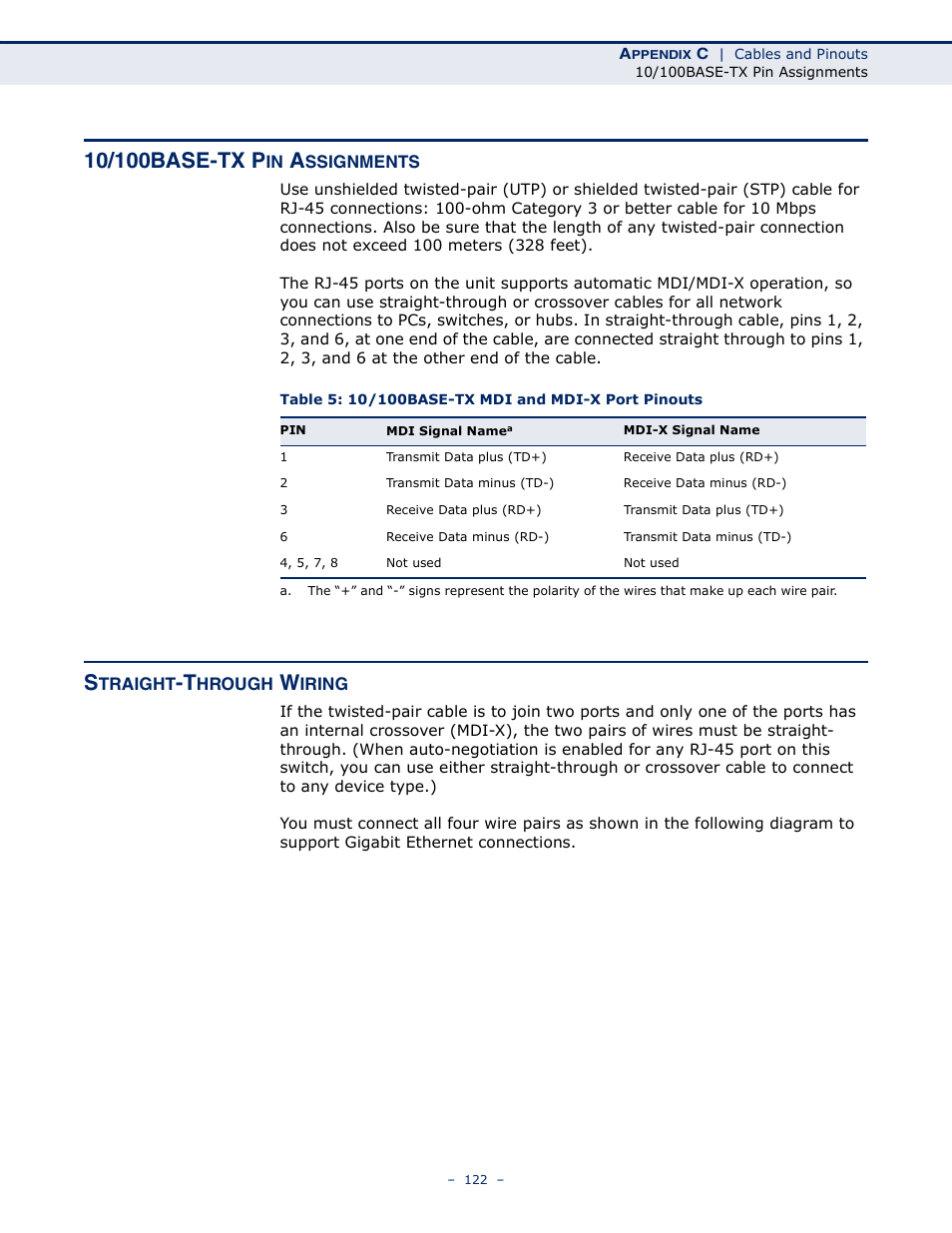 10/100base-tx pin assignments, Straight-through wiring, Table 5: 10/100base-tx mdi and mdi-x port pinouts | ALFA NETWORK AIP-W505 User Manual | Page 122 / 135