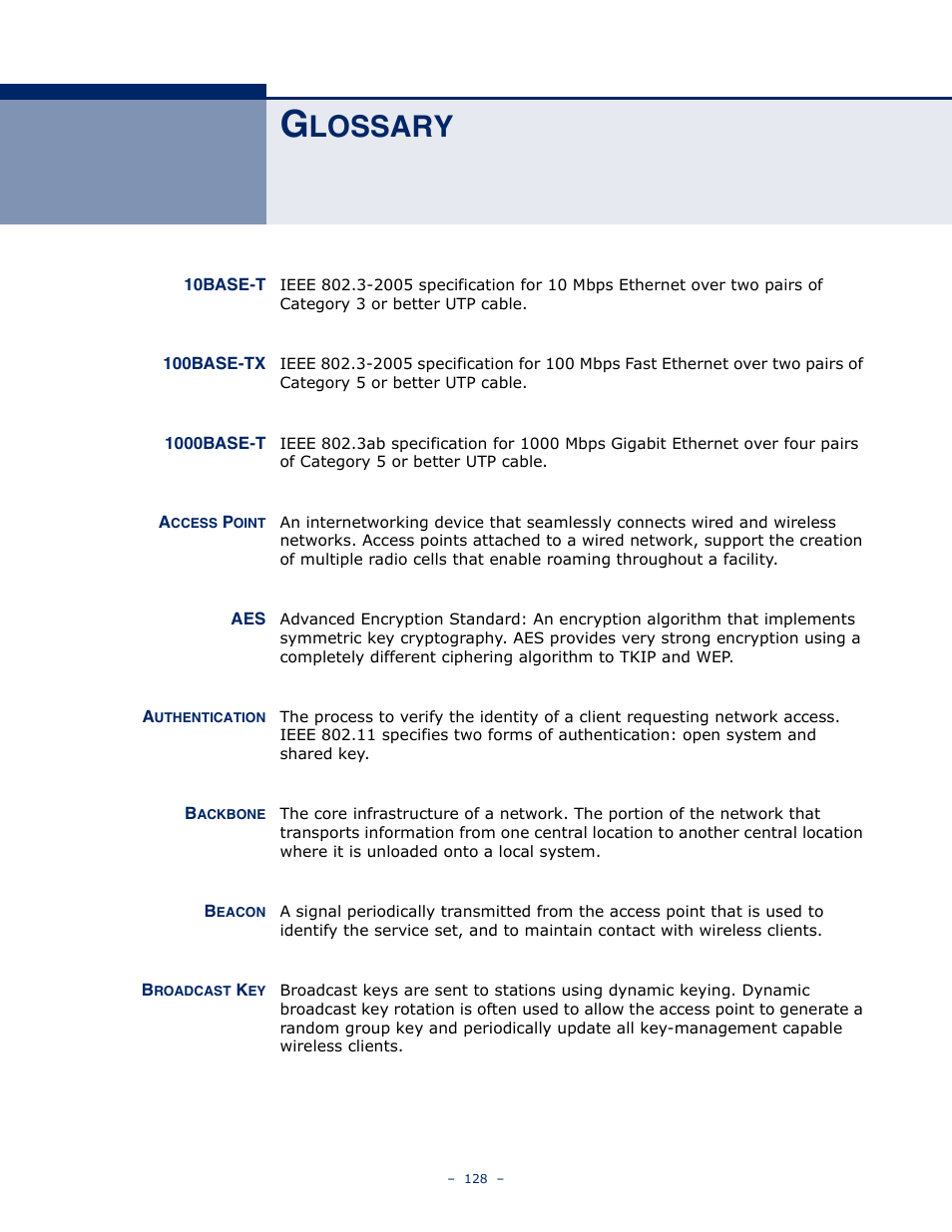 Glossary, Lossary | ALFA NETWORK AIP-W505 User Manual | Page 128 / 135