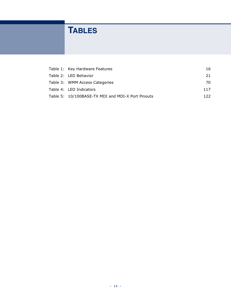 Tables, Ables | ALFA NETWORK AIP-W505 User Manual | Page 14 / 135