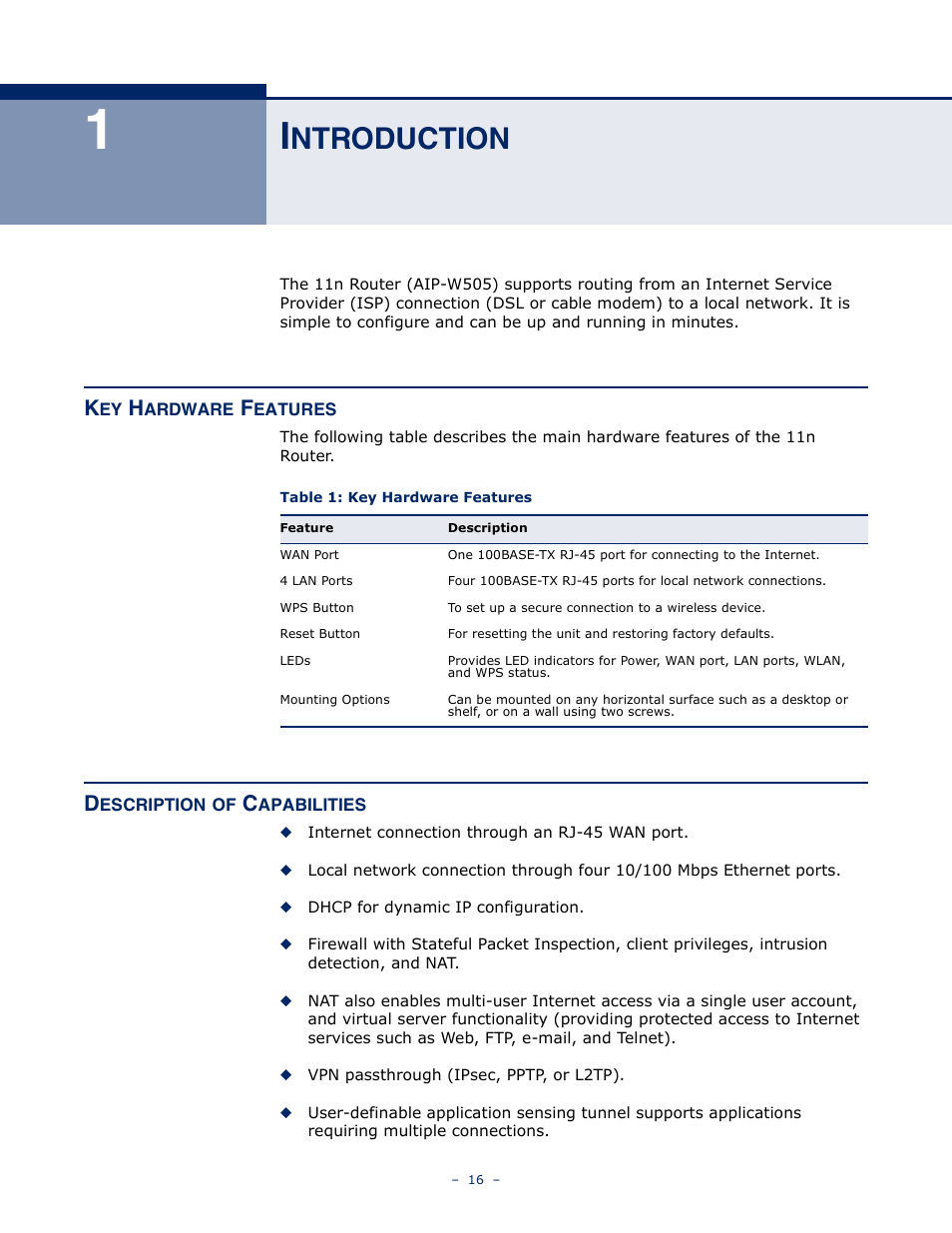 Introduction, Key hardware features, Description of capabilities | Ntroduction, Table 1: key hardware features | ALFA NETWORK AIP-W505 User Manual | Page 16 / 135